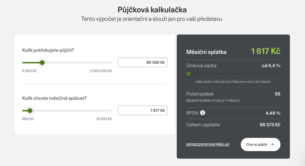 Takto vypadá kalkulačka pro výpočet půjčky společnosti Air Bank.