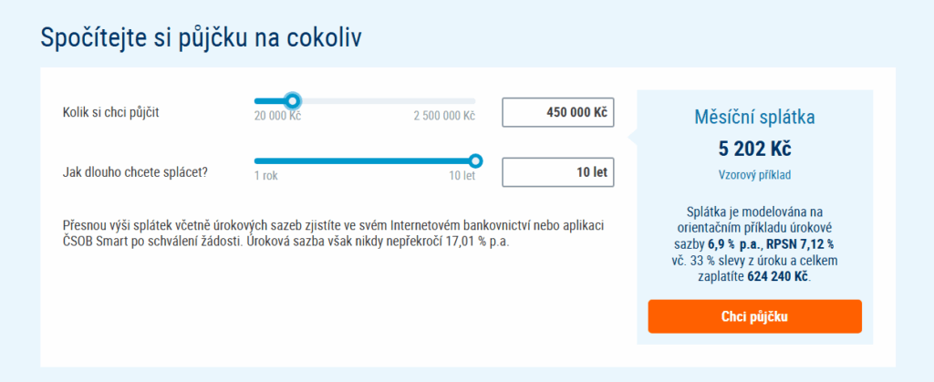 Kalkulačka ČSOB Půjčky na cokoliv vypočítá orientační výši splátek, úroku i RPSN.